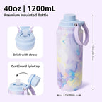 GREYLOCK 40 oz Insulated Water Bottle with Straw Lid, Leakproof Reusable Stainless Steel Vacuum Flask, 24hr Cold & Hot, Carry Handle & Silicone Spout, BPA-Free for Gym, Hiking, Travel,Purple