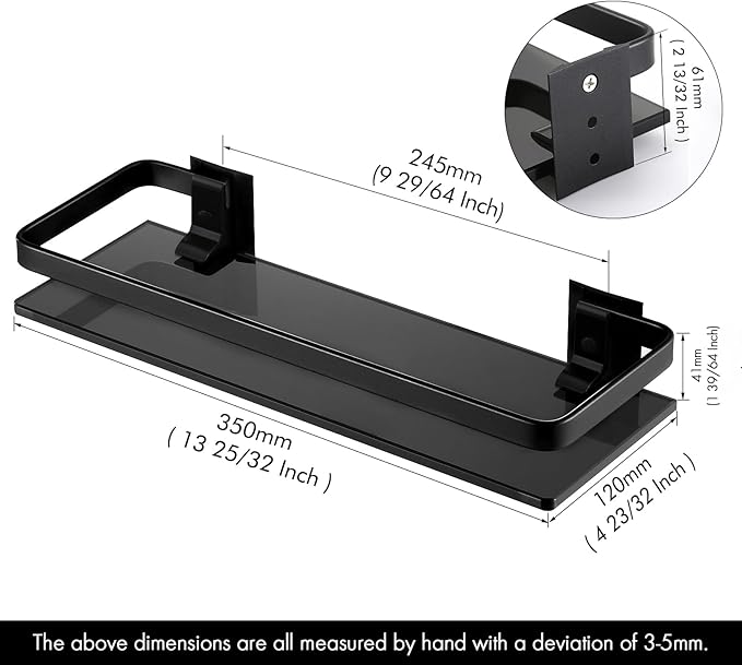 KES Black Glass Shelf for Bathroom, Glass Wall Shelf Extra Thick Tempered Glass shelfs Rectangular 2 Pack, Wall Mounted, BGS4126A-BK-P2