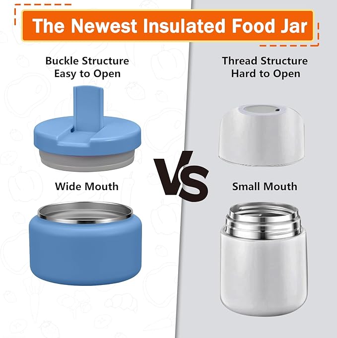 13.5oz Kids Jar for Hot Food, Insulated Vacuum Food Jar with Buckle Lid, Stainless Steel Wide Mouth Leak Proof Insulated Lunch Container for School Picnic Travel, Sky Blue