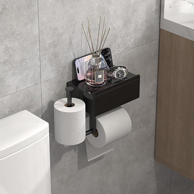 Modern Wall-Mounted Toilet Paper Holder with Storage Shelf, Black Bathroom Tissue Dispenser with Wipes Container, Multi-Function Organizer
