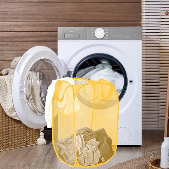 Mesh Pop up Laundry Hamper, Foldable Clothes Hamper Laundry Basket for Rooms, Apartment, College Dorm or Travel, Yellow