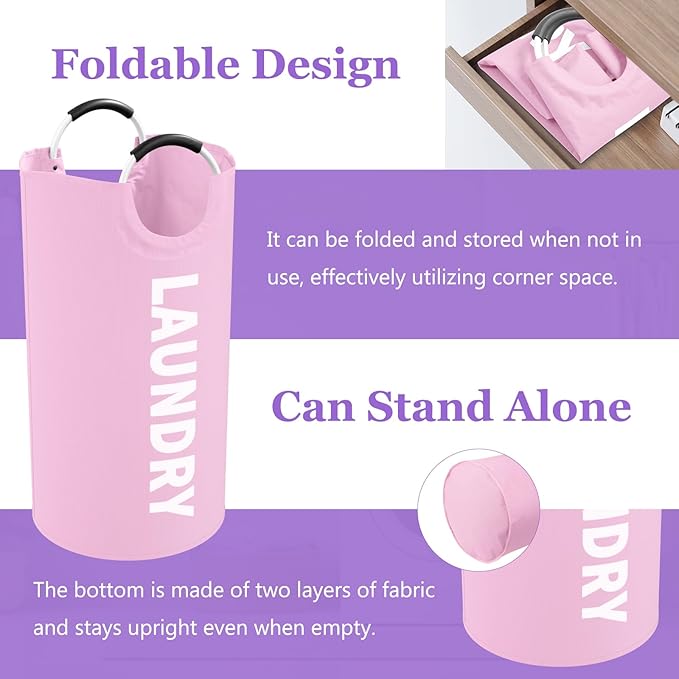3Pack Folding Clothes Hamper with Handles, 95L Tall Laundry Basket Organizer, Durable Laundry Bags, Large Dirty Clothes Hamper for Family, Travelling, Camping, Purple + Pink + Black