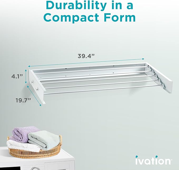 Ivation Retractable Wall Mounted Clothes Drying Rack, 40" Foldable Laundry Drying Rack for Clothing | Collapsible Space-Saving Design & 5 Rods | Easy Installation with Hardware & Wall Template (White)