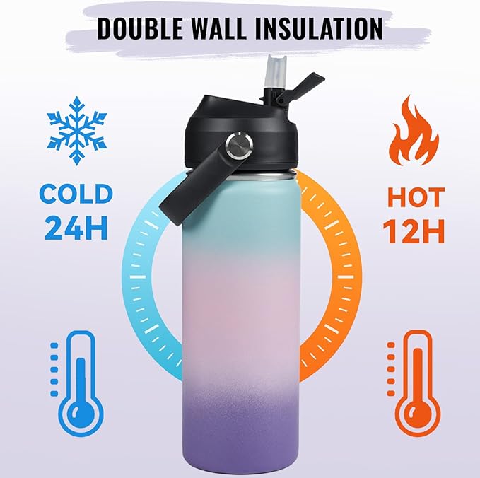 18oz Insulated Stainless Steel Water Bottle, Wide Mouth Double Wall Vacuum, Silicone Straw, Sweat & Leak Proof, BPA Free Insulated Water Flask for Travel, Keep Cold 24h Hot 12h, Pink