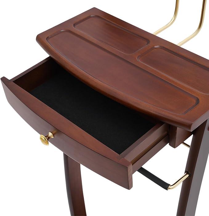Suit Valet Stand with Base, Wooden Clothes Valet Stand with Drawer, Contour Hanger, Trouser Bar & Tie Bar Freestanding Women Men Valet Stand for Home Office Hotel