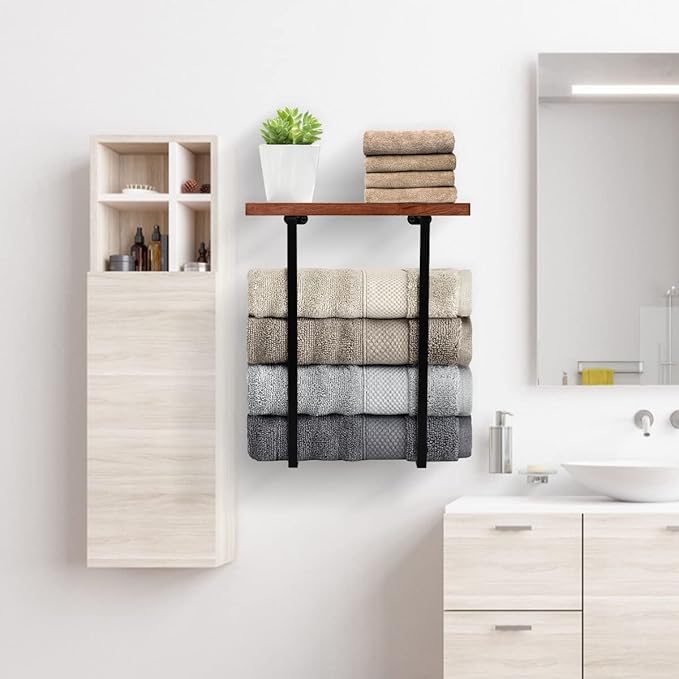 Towel Racks for Bathroom Wall Mounted with Wooden Shelf Bath Towel Holder for Rolled Towels Metal Towel Storage Organizer for Small Bathroom Decor or RV Camper Black