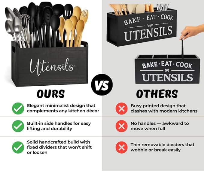 Black Kitchen Utensil Holder for Countertop – Large 3-Compartment Wooden Organizer & Caddy with Drain Holes, Farmhouse Kitchen Counter Utensil Holder, Rustic Wood Storage for Spoons, Spatulas & Tools