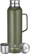 Insulated Vacuum Thermo Bottle 1500ml/50.7oz with Cup Stainless Steel Coffee Bottles for Hot and Cold Drink Water Flask.(Green, with Handle, 1500ml)