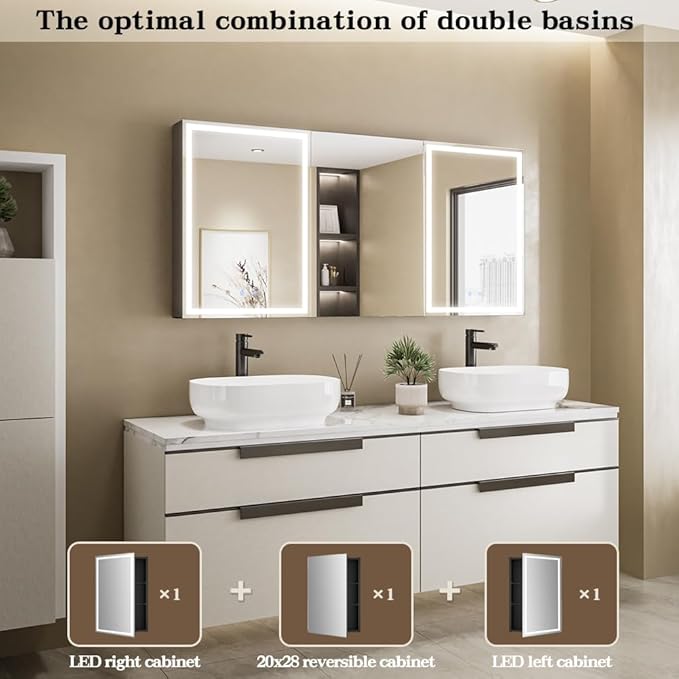 Spliceable Modular LED Lighted Bathroom Medicine Cabinet Mirror with Anti-Fog Aluminum Frame, Adjustable Lighting, Built-in Sockets & USB Ports – Wall Mounted (Right Hinge, 28" L x 20" W)