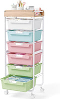 6 Drawer Rolling Cart for Craft Storage,Utility Drawer Organizer with Handle and Wooden Top,Storage on wheels for Office, Classroom,Laundry,Garage,Snack,Art Supply,Colorful