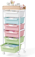 6 Drawer Rolling Cart for Craft Storage,Utility Drawer Organizer with Handle and Wooden Top,Storage on wheels for Office, Classroom,Laundry,Garage,Snack,Art Supply,Colorful