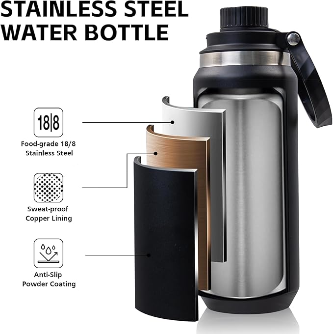 Greylock 20 oz Insulated Water Bottle with Straw Lid, Reusable Stainless Steel Sports Water Bottles with Foldable Handle, Leak Proof, Double-Wall Vacuum Insulation, 24 Hours Cold (Black)