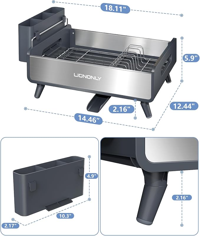 Dish Drying Rack with Drain Board, 304 Stainless Steel Core, Aluminum Rustproof Frame, Anti-Slip Elevated Feet, Removable Adjustable Spout, Utensil Holder, Gray