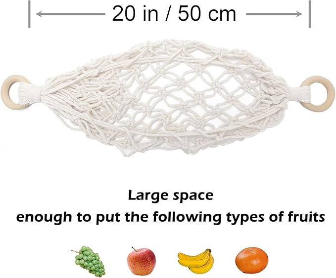 Hanging Fruit Hammock with Hooks, Hanging Fruit Basket Under the Kitchen Cabinet for Storing Banana Fruits, Hand-Woven Hanging Basket, Valentine's Gifts for Kitchen Décor, Oval