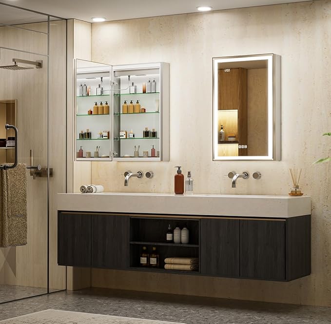 20x32 Lighted Medicine Cabinet, Beveled Brushed Nickel Framed Surface or Recessed Fogless Dimmable LED Medicine Cabinet with Mirror, Outlet, Time Display and Sensor Inner Light