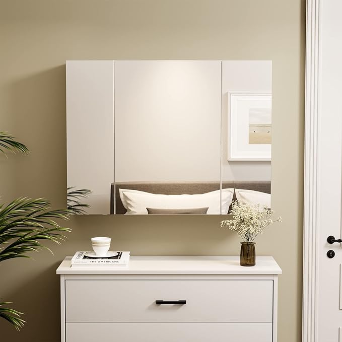 DICTAC Bathroom Medicine Cabinet with Mirrors 31.5x23.62 Inch Storage Cabinet with Mirror Wall Mounted Bathroom Mirror with Adjustable Storage Shelves and 3 Doors Mirror Medicine Cabinets for bathroom