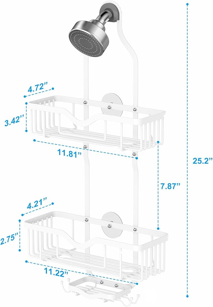 Kadolina Shower Caddy Hanging, Bathroom Shower Rack, Bathroom Organizer with Soap Dish, Over The Showerhead Caddy with Hooks for Razor/Sponge, Soft White (Assembly Required)