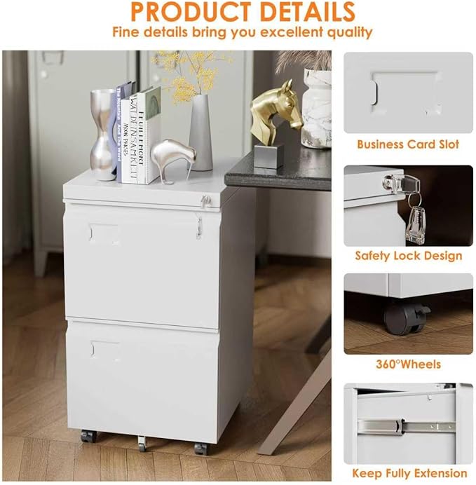 SUXXAN 2 Drawers Mobile File Cabinet, Metal Under Desk Cabinet with Lock, for Office Home, Legal/Letter Size, W14.57”x D17.36”x H25.79”, Assembly Required