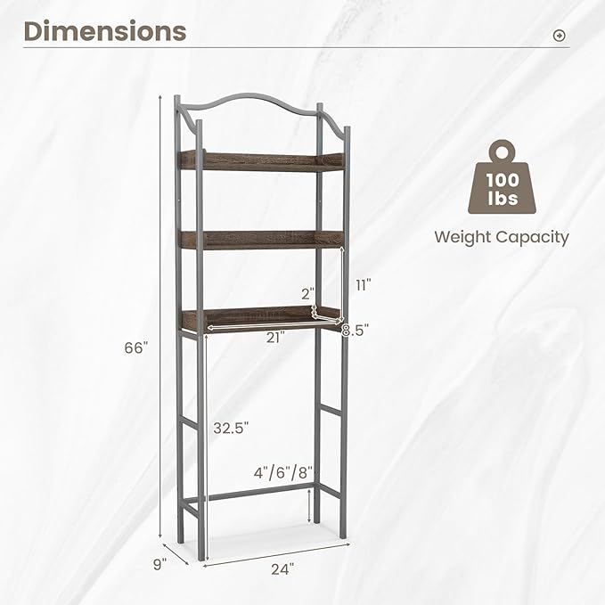 Tangkula Over The Toilet Storage Rack, 3-Tier Above Toilet Bathroom Shelf with Adjustable Bottom Bar & Anti-Toppling Devices, Metal Frame, Freestanding Bathroom Space Saver for Laundry (Silver, 66"H)