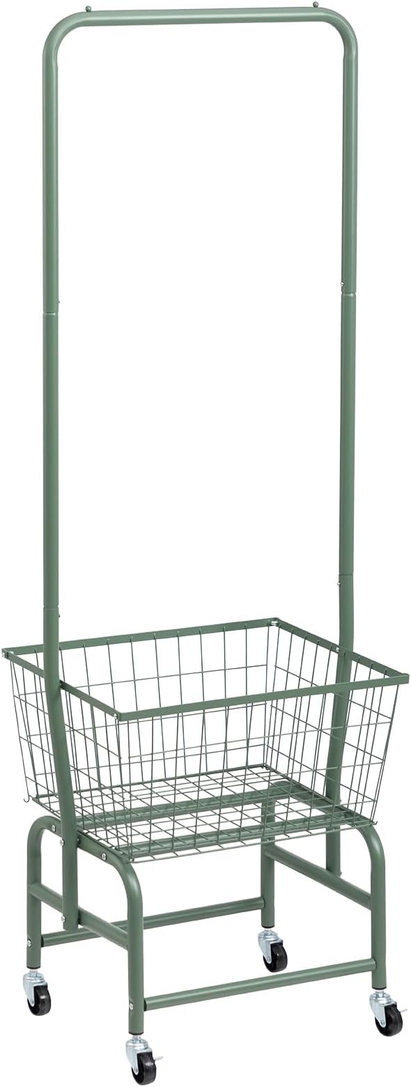ALIMORDEN Laundry Cart with Clothes Rack, Rolling Laundry Butler with Wire Storage Rack，Green