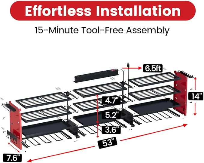 53" Power Tool Organizer Wall Mount with Power Strip, Heavy Duty Metal Tool Shelf, 400lbs Capacity for Cordless Drills, Batteries & Garage Storage (12 Slots with 8 Outlets Power Strip)