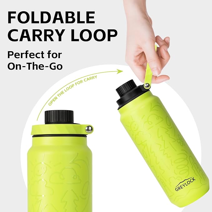 GREYLOCK 24 oz Insulated Water Bottle with Straw Lid, Leakproof Reusable Stainless Steel Vacuum Flask, 24hr Cold & Hot, Carry Handle & Silicone Spout, BPA-Free for Gym, Hiking, Travel,Green