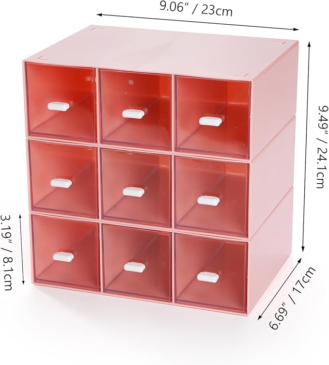 Desktop Drawers, Desk Organizer with 9 Drawers, Stackable Plastic Storage Box for Home Collection, Cosmetics, Jewelry, Office Supplies (3 Tiers, Pink)