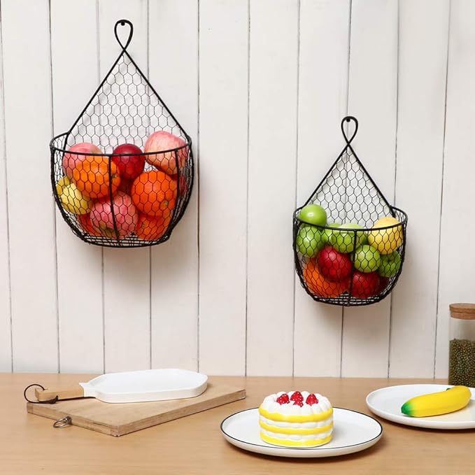 ERYTLLY Metal Fruit And Vegetable Storage Hanging Basket Wall Mounted, For Kitchen Black Wire Baskets for Flowers, Fruits and Veggies, - Set of 2