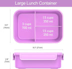 Caperci Classic Bento Lunch Box for Kids & Adults - Leakpoof 47oz Food Lunch Containers for Girls Women, 3-Compartment, Built-in Utensil Set, BPA-Free, Dishwasher/Microwave Safe (Vivid Orchid)