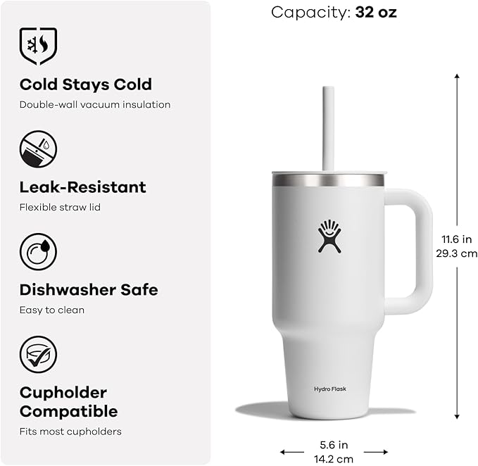 Hydro Flask Travel Tumbler with Handle, Lid and Straw - Insulated Stainless Steel in 32 Oz Blue