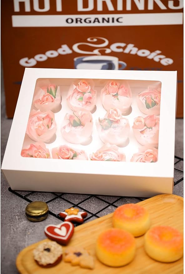 Bakepacker Auto-pop Up Cupcake Boxes with Window White 20PCS 12 Count Cupcake Box 13"x10"x3.5" Cupcakes Carrier, 12 Cupcake Containers with rolls of pink ribbons