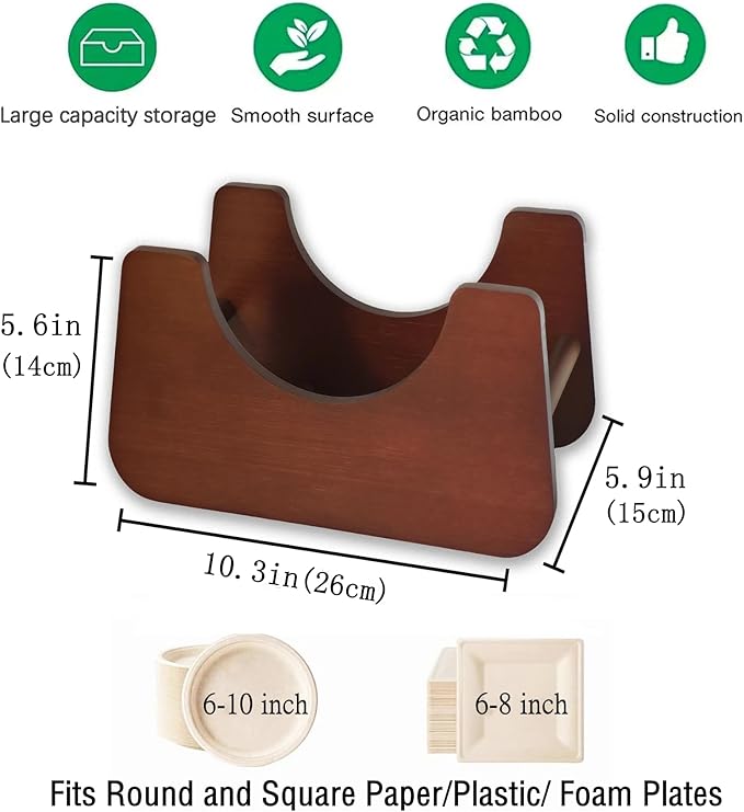Paper Plate Dispenser，Wood Foam Plate Storage Organizer for 7-10 inch Disposable Plate,Paper Plate Holder for Kitchen Countertop or Outdoor Use