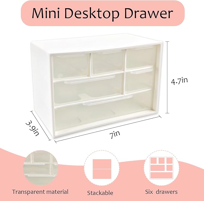 Mini Desk Drawer Organizer with 6 Clear Drawers - 7" x 3.9" x 4.7" Small Plastic Storage Box for Office, Classroom, Crafts, and Home Desktop Organization