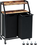 Laundry Hamper, Laundry Sorter 2 Section, Rolling Laundry Basket with Wheels, 2 Shelves, 2 × 14.5 Gal, Pull-Out and Removable Oxford Fabric Bags, for Laundry Room,Black and Rustic Brown