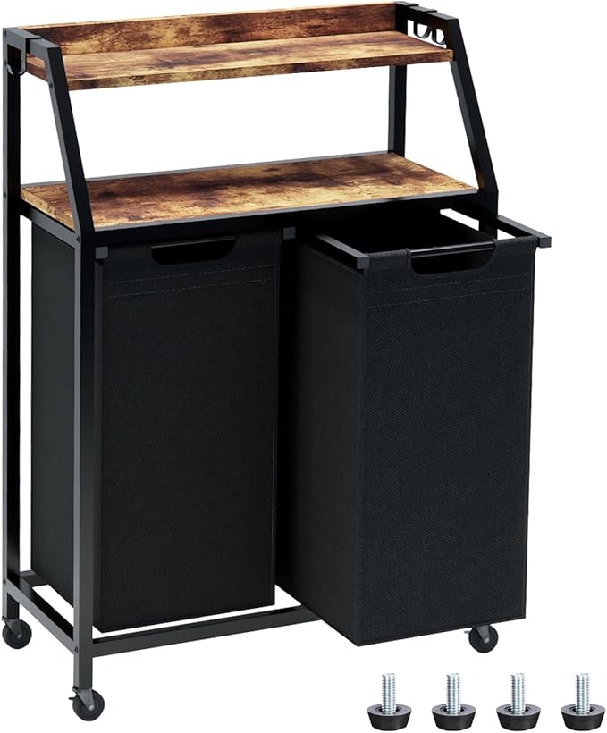 Laundry Hamper, Laundry Sorter 2 Section, Rolling Laundry Basket with Wheels, 2 Shelves, 2 × 14.5 Gal, Pull-Out and Removable Oxford Fabric Bags, for Laundry Room,Black and Rustic Brown