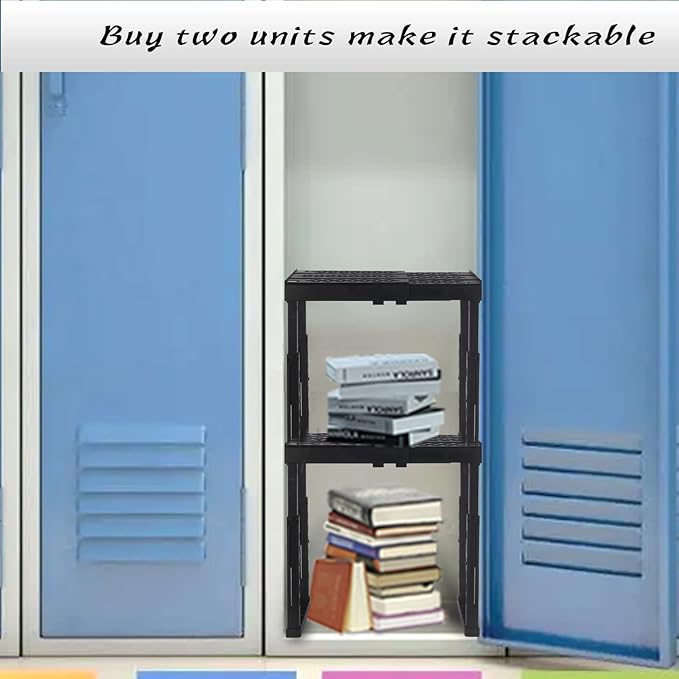 Locker Shelf for School Locker Adjustable Height and Width, Locker Organizer Shelf Stackable Locker Tools for Gym Lockers, Office, Back to School Essentials, Black