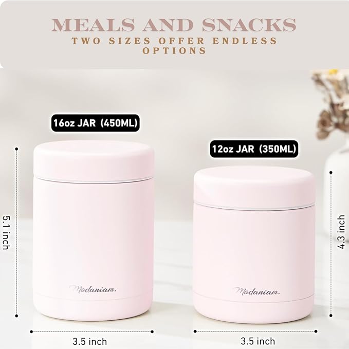 Stainless Steel Insulated Food Jar Set of 2 (16oz + 12oz), Wide Mouth, Soup Thermo for Hot Food, Lunch Container, Insulated Soup Bowl, Hot and Cold Insulated Lunch Box, Pink