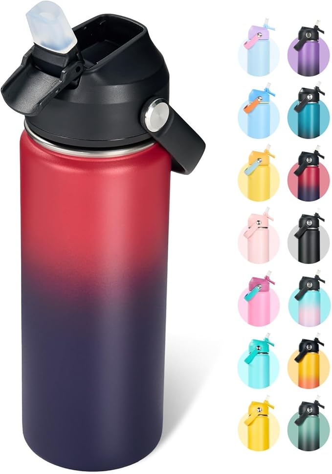 18oz Insulated Stainless Steel Water Bottle, Wide Mouth Double Wall Vacuum, Silicone Straw, Sweat & Leak Proof, BPA Free Insulated Water Flask for Travel, Keep Cold 24h Hot 12h, Red