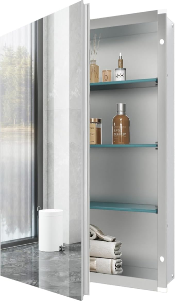 Bathroom Medicine Cabinet, 24x36 inch Mirror Cabinet of Aluminum, Assembly Needed, Surface Mount or Recessed, Medicine Cabinet with Mirror, Adjustable Glass Shelves, Waterproof for Bathroom
