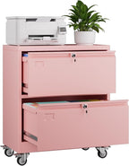 Aobabo Lateral File Cabinet 2 Drawer with Wheels, Lockable Metal Filing Cabinet for Home Office, Legal/Letter Size,Pink,Required Assembled,15.87" D x 28.94" W x 34" H