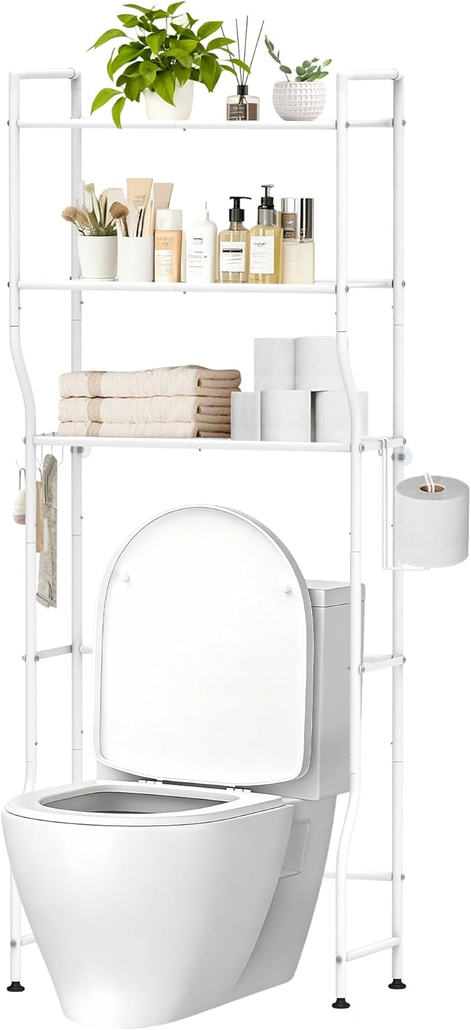 Over The Toilet Storage, 3-Tier Heavy Duty Metal Bathroom Organizer and Storage Rack, Space-Saving Above Toilet Cabinet Shelf with Paper Holder & 4 Hooks, White