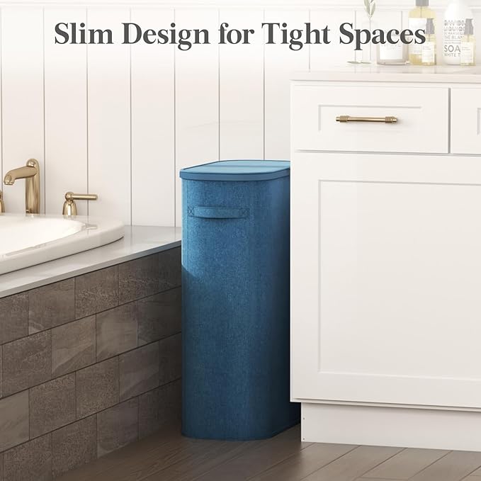 Lifewit 65L Slim Laundry Basket with Lid, Narrow Large Laundry Hamper with Plastic Handles and Removable Bag, Tall Foldable Dirty Clothes Hampers for Laundry Room, Bedroom, Bathroom, Dorm, Dark Blue