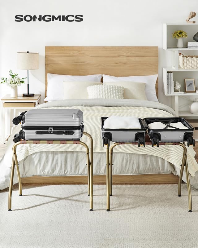 SONGMICS Luggage Rack, Pack of 4, Luggage Racks for Guest Room, Suitcase Stand, Steel Frame, Foldable, for Bedroom, Golden URLR064A04