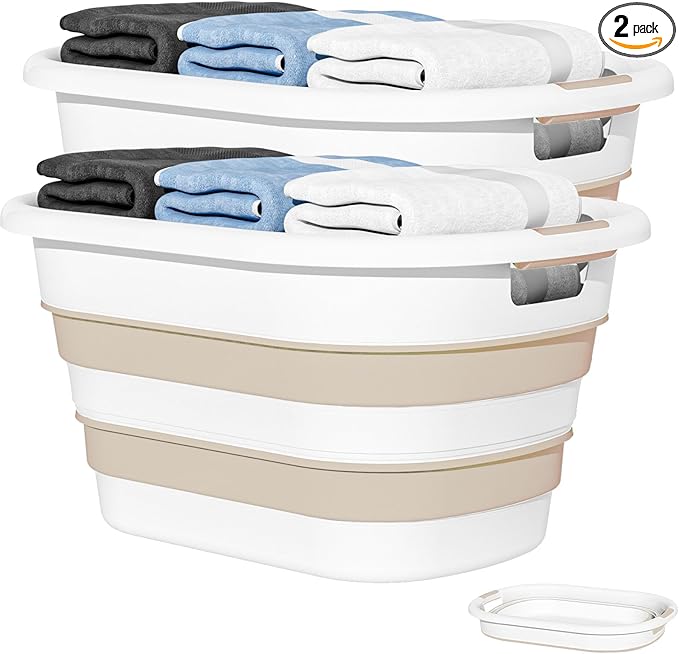 43L(11.5Gallon) Collapsible Laundry Baskets plastic, Pop Up Laundry hamper/Storage Container, Foldable Laundry Basket with Large Capacity,Sturdy,Space Saver (Beige, 2 Packs)