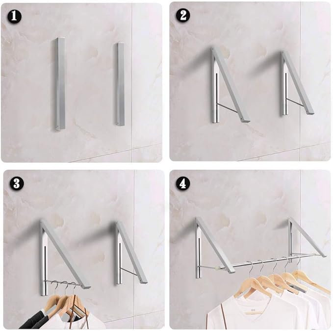 Laundry Room Drying Rack Wall Mounted Clothes Hanger Folding Wall Coat Racks Aluminum Home Storage Organiser Space Savers Silver 2 Rakcs with Rod