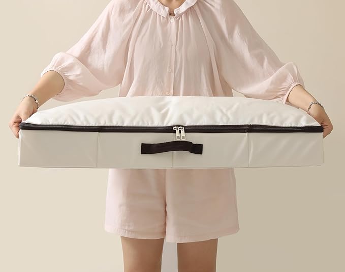 AMJ 4" Foldable Underbed Storage Closet Organizers and storage bins, Under Bed Garment Storage Bins, Folding & Washable, Soft Zip Lid, Beige