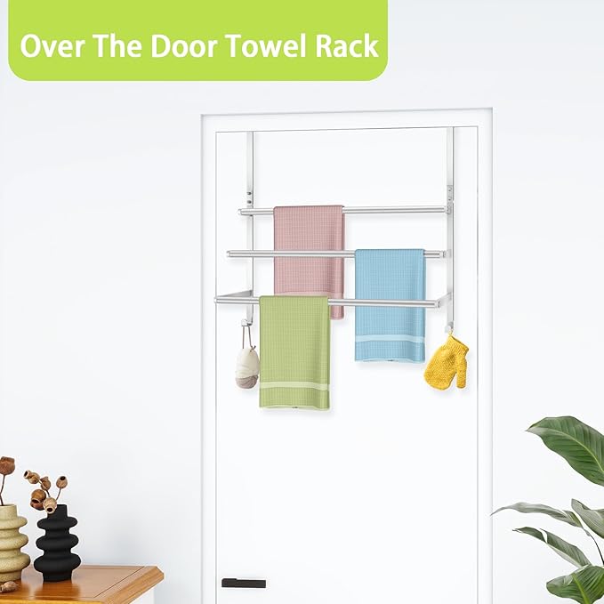 Over The Door Towel Rack, Over Door Towel Racks for Bathroom, Towel Rack with Hooks for Door Hanging, Towel Holder Over The Door Towel Bar 24Inch, Brushed Nickel