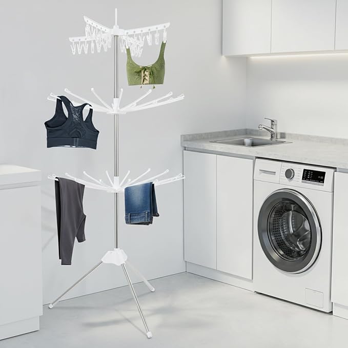 3-Tier Foldable Rotating Laundry Drying Rack with 24 Clips, Stainless Steel & PP Free-Standing Floor Dryer for Clothes