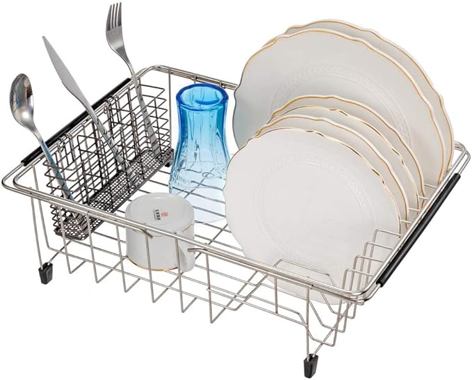 SANNO Stainless Steel Utensil Drying Rack Silverware Holder for Dish Rack, Hanging Cutlery Utensil Holder Silverware Organizer Stainless Steel Rack with Hooks