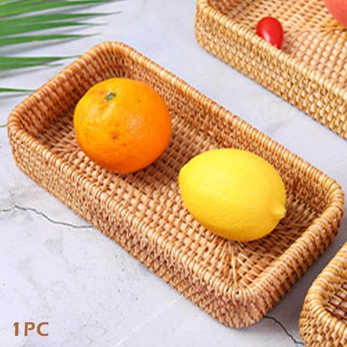 8in Rattan Bathroom Vanity Tray, Vintage Storage Basket Bin Toilet Paper Basket Small Narrow Guest Towel Napkin Holder for Bathroom Toilet Tank Vanity Countertop(Color:Brown)